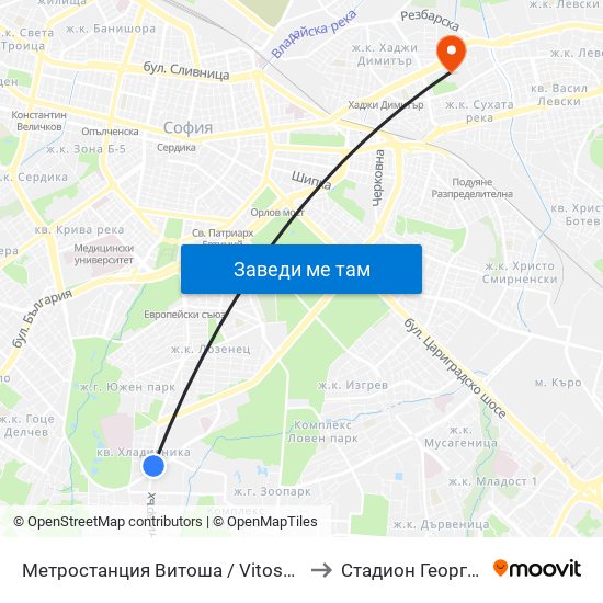 Метростанция Витоша / Vitosha Metro Station (2654) to Стадион Георги Аспарухов map