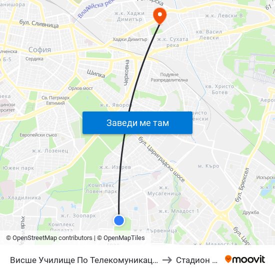 Висше Училище По Телекомуникации / University Of Telecommunications And Post (1396) to Стадион Георги Аспарухов map