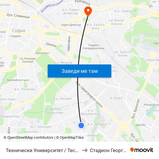 Технически Университет / Technical University (1743) to Стадион Георги Аспарухов map