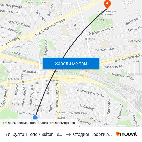 Ул. Султан Тепе / Sultan Tepe St. (2194) to Стадион Георги Аспарухов map