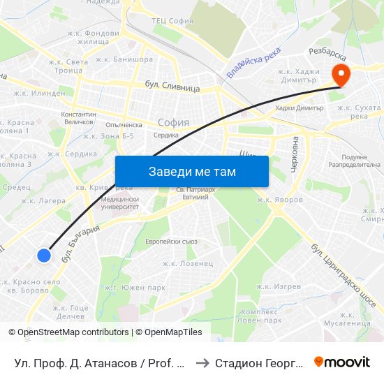 Ул. Проф. Д. Атанасов / Prof. D. Atanasov St. (2134) to Стадион Георги Аспарухов map