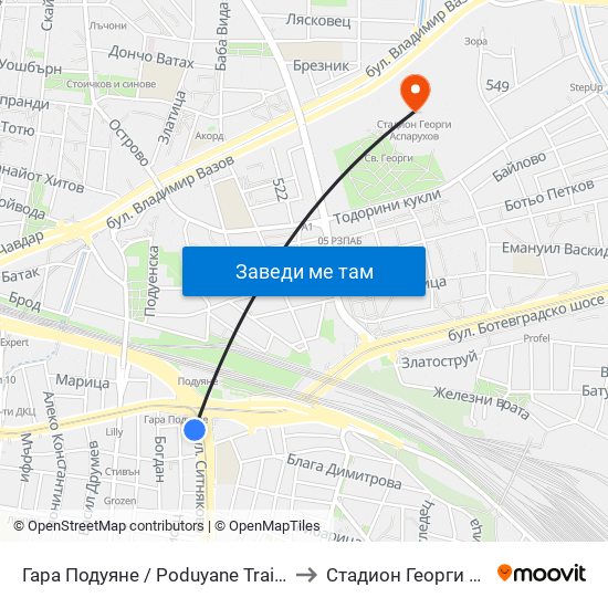 Гара Подуяне / Poduyane Train Station (0468) to Стадион Георги Аспарухов map