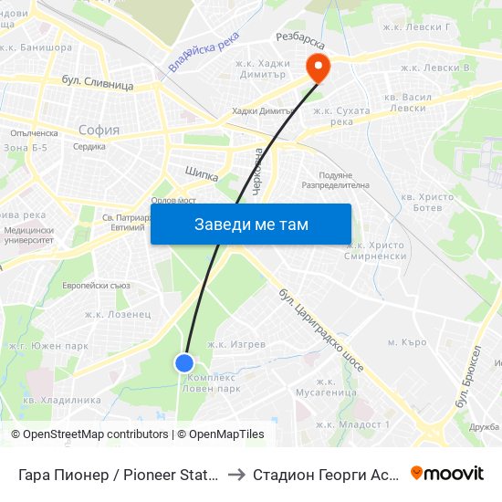 Гара Пионер / Pioneer Station (0465) to Стадион Георги Аспарухов map
