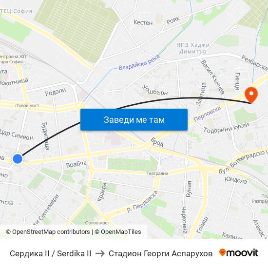 Сердика II / Serdika II to Стадион Георги Аспарухов map