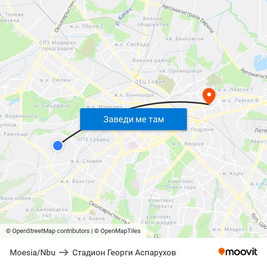 Moesia/Nbu to Стадион Георги Аспарухов map