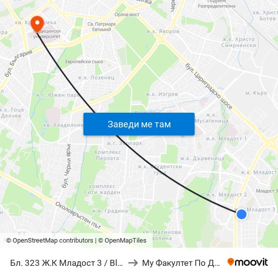 Бл. 323 Ж.К Младост 3 / Bl. 323, Mladost 3 Qr. (2487) to Му Факултет По Дентална Медицина map
