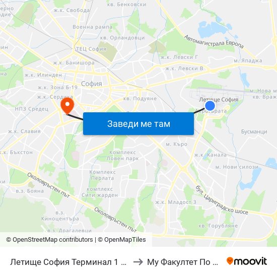 Летище София Терминал 1 / Sofia Airport Terminal 1 (1006) to Му Факултет По Дентална Медицина map