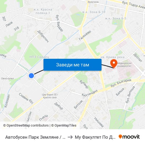 Автобусен Парк Земляне / Zemlyane Bus Depot (0080) to Му Факултет По Дентална Медицина map