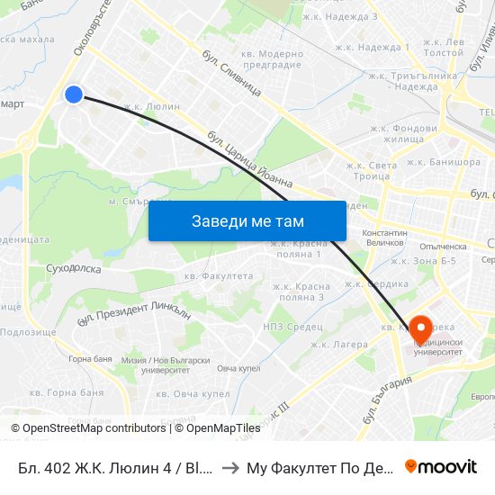 Бл. 402 Ж.К. Люлин 4 / Bl. 402, Lyulin 4 Qr. (0207) to Му Факултет По Дентална Медицина map