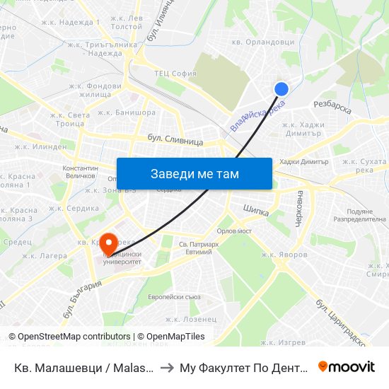 Кв. Малашевци / Malashevtsi Qr. (0862) to Му Факултет По Дентална Медицина map