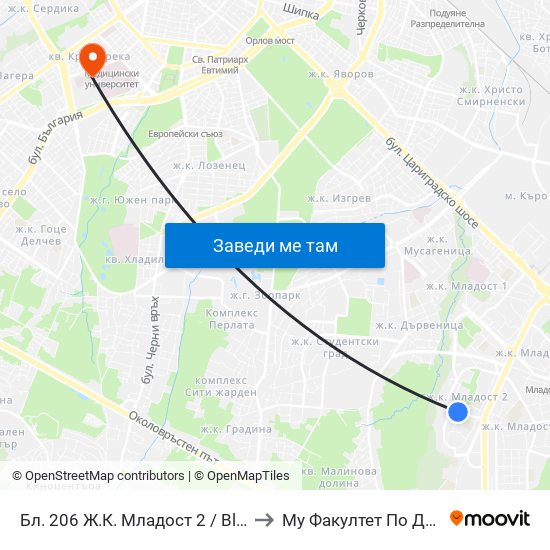 Бл. 206 Ж.К. Младост 2 / Bl. 206, Mladost 2 Qr. (0158) to Му Факултет По Дентална Медицина map