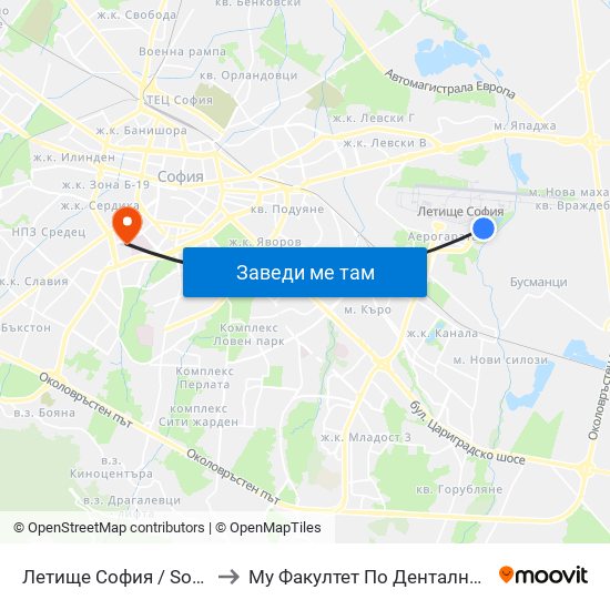 Летище София / Sofia Airport to Му Факултет По Дентална Медицина map