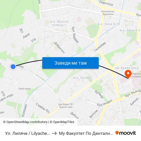 Ул. Лиляче / Lilyache St. (2032) to Му Факултет По Дентална Медицина map