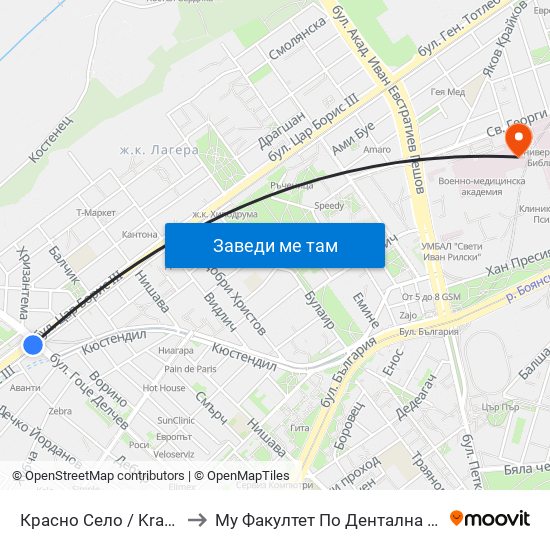 Красно Село / Krasno Selo to Му Факултет По Дентална Медицина map