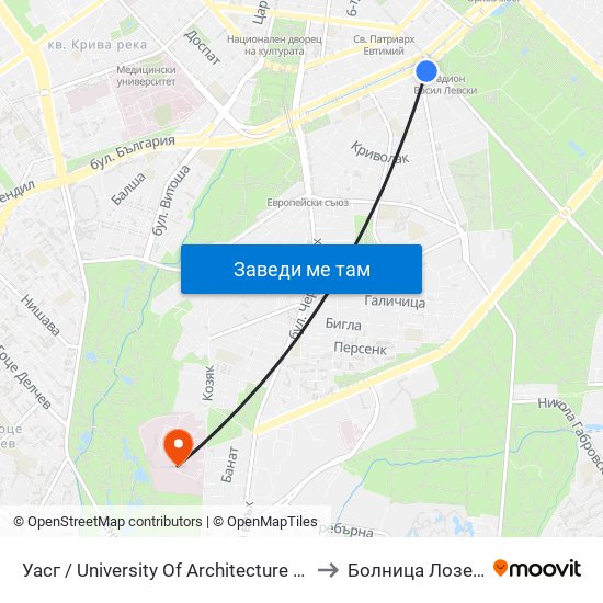 Уасг / University Of Architecture (0387) to Болница Лозенец map