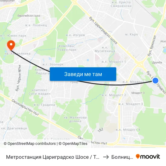 Ⓜ️ Метростанция Цариградско Шосе / Tsarigradsko Shosse Metro Station (1016) to Болница Лозенец map