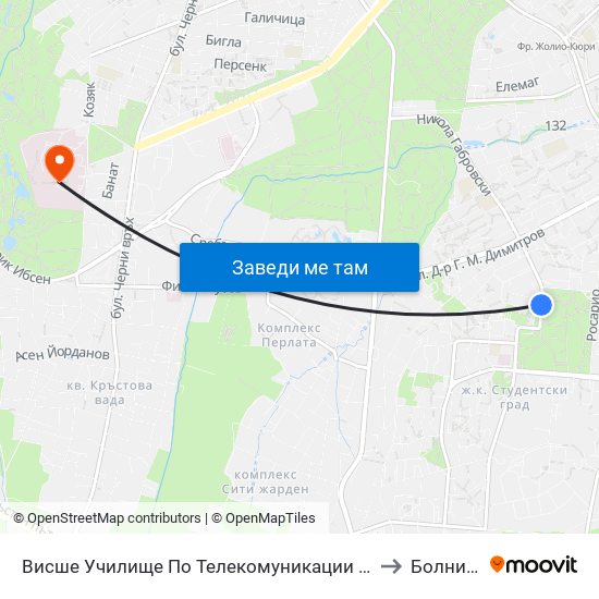 Висше Училище По Телекомуникации / University Of Telecommunications And Post (1396) to Болница Лозенец map