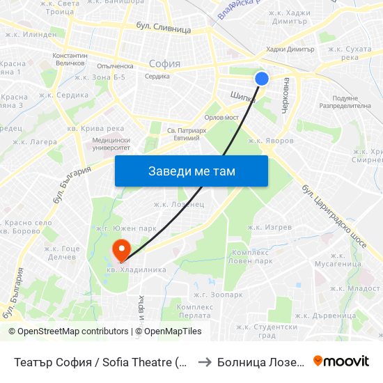 Театър София / Sofia Theatre (1727) to Болница Лозенец map