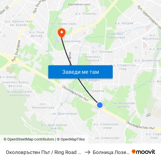 Околовръстен Път / Ring Road (1175) to Болница Лозенец map