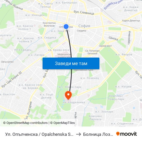 Ул. Опълченска / Opalchenska St. (2085) to Болница Лозенец map