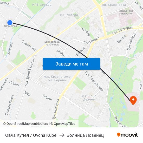 Овча Купел / Ovcha Kupel to Болница Лозенец map