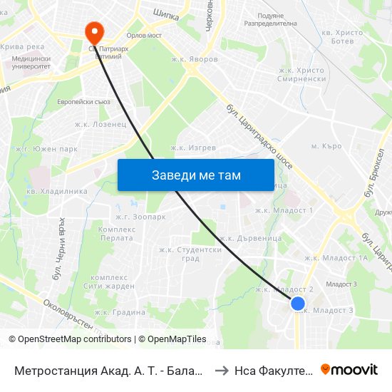 Метростанция Акад. А. Т. - Балан / Acad. A. T.-Balan Metro Station (1917) to Нса Факултет Кинезитерапия map
