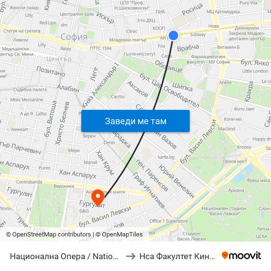 Национална Опера / National Opera (1115) to Нса Факултет Кинезитерапия map