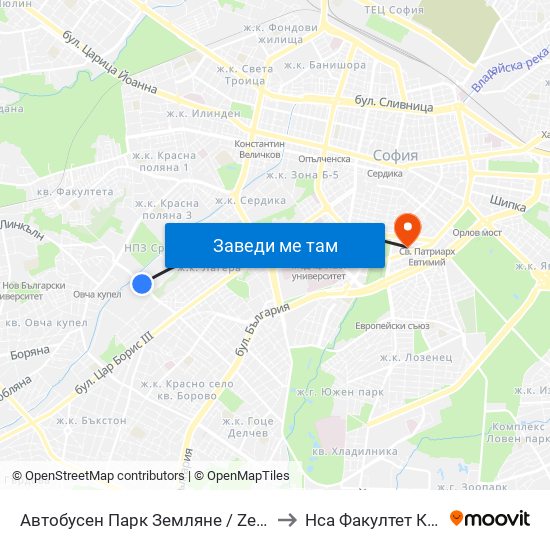 Автобусен Парк Земляне / Zemlyane Bus Depot (0080) to Нса Факултет Кинезитерапия map