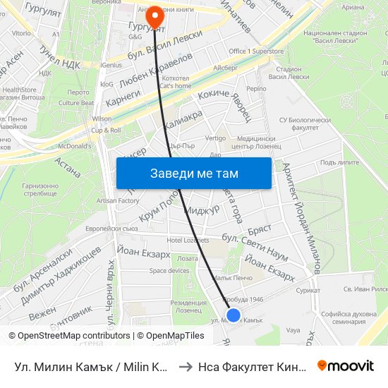 Ул. Милин Камък / Milin Kamak St. (2046) to Нса Факултет Кинезитерапия map