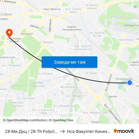 28-Ми Дкц / 28-Th Polyclinic (0024) to Нса Факултет Кинезитерапия map