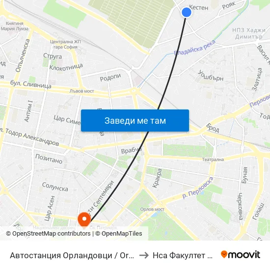 🚌 Автостанция Орландовци / Orlandovtsi Bus Station (0062) to Нса Факултет Кинезитерапия map