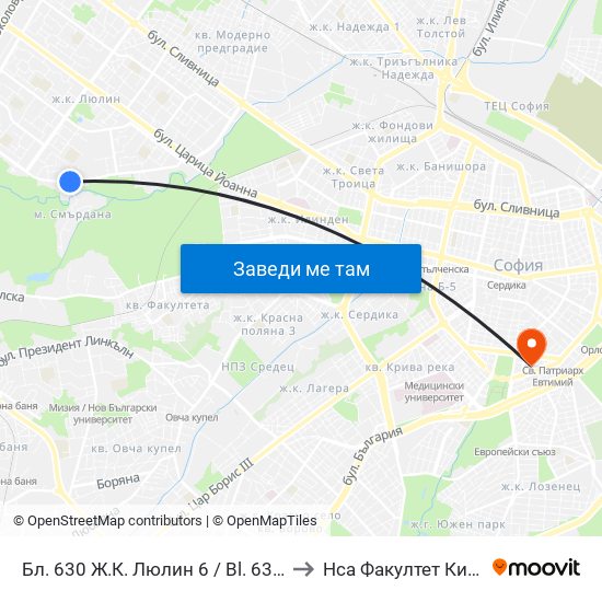 Бл. 630 Ж.К. Люлин 6 / Bl. 630, Lyulin 6 Qr. (0243) to Нса Факултет Кинезитерапия map