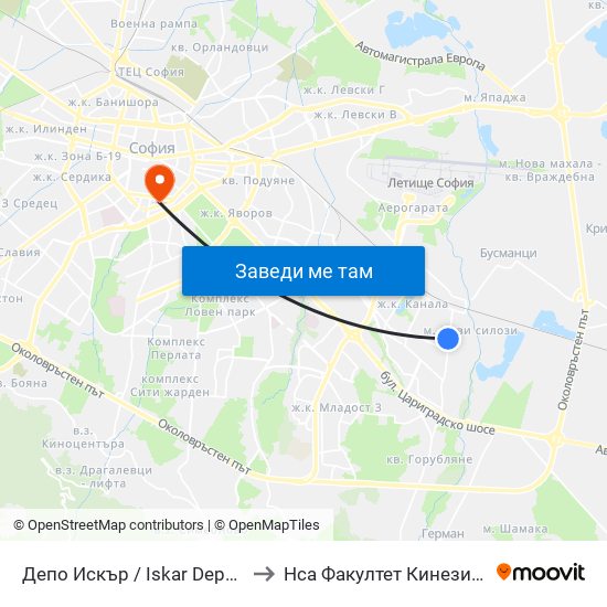 Депо Искър / Iskar Depot (0519) to Нса Факултет Кинезитерапия map