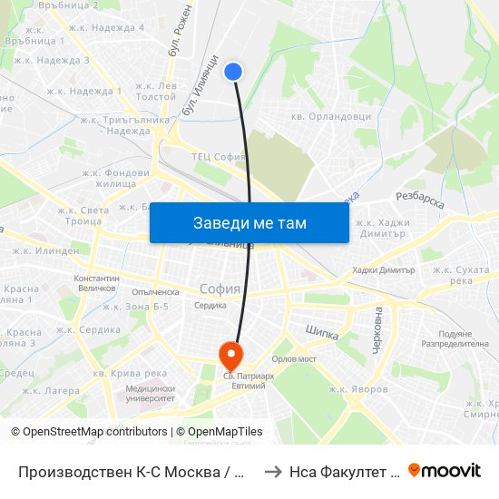 Производствен К-С Москва / Moskva Industrial Complex (0537) to Нса Факултет Кинезитерапия map