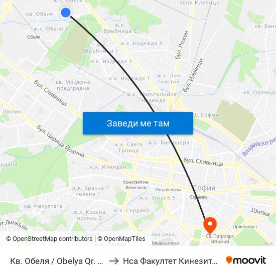 Кв. Обеля / Obelya Qr. (0872) to Нса Факултет Кинезитерапия map