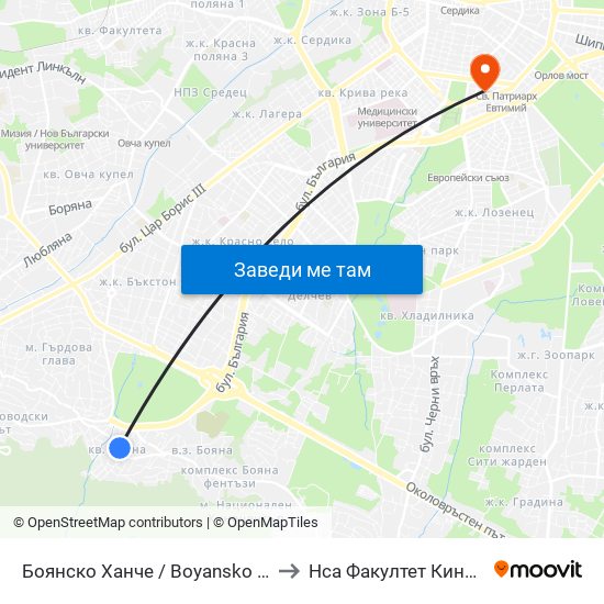Боянско Ханче / Boyansko Hanche (0266) to Нса Факултет Кинезитерапия map