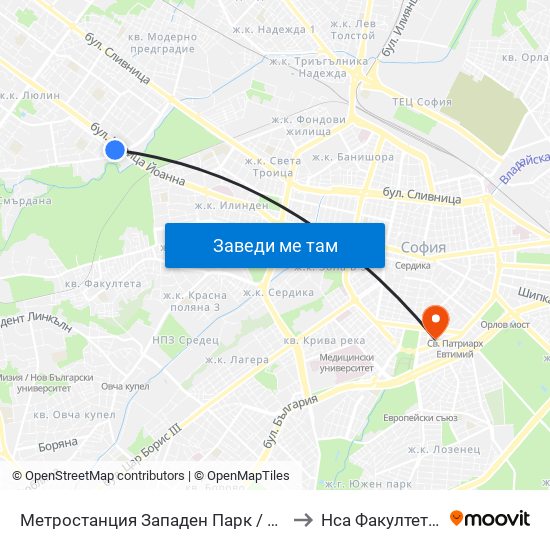 Метростанция Западен Парк / Zapaden Park Metro Station (1049) to Нса Факултет Кинезитерапия map