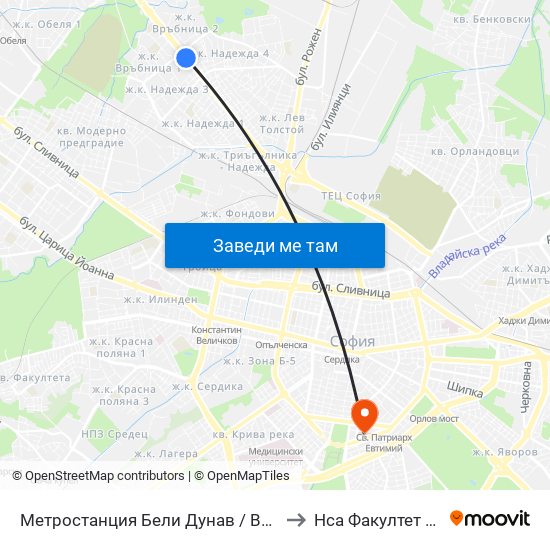 Метростанция Бели Дунав / Beli Dunav Metro Station (6707) to Нса Факултет Кинезитерапия map