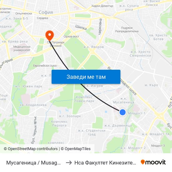 Мусагеница /  Musagenitsa to Нса Факултет Кинезитерапия map