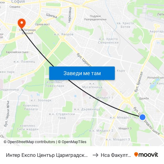 Интер Експо Център Цариградско Шосе / Inter Expo Center – Tsarigradsko Shose to Нса Факултет Кинезитерапия map