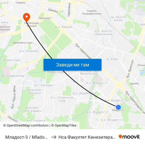 Младост-3 / Mladost 3 to Нса Факултет Кинезитерапия map