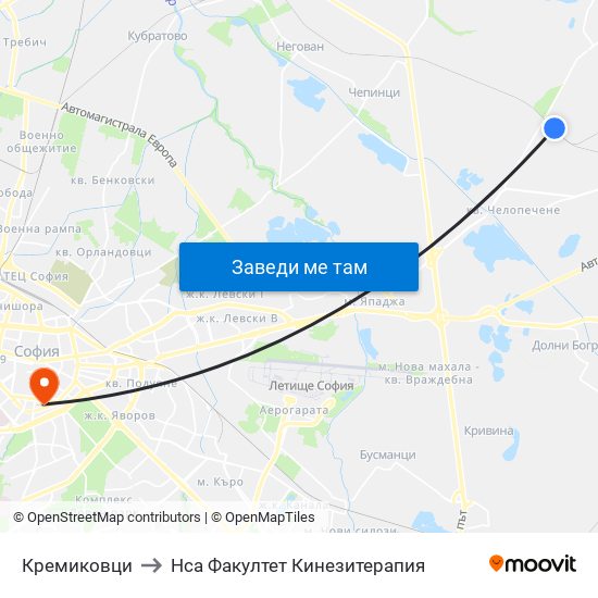 Кремиковци to Нса Факултет Кинезитерапия map