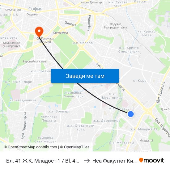 Бл. 41 Ж.К. Младост 1 / Bl. 41, Mladost 1 Qr. (0210) to Нса Факултет Кинезитерапия map