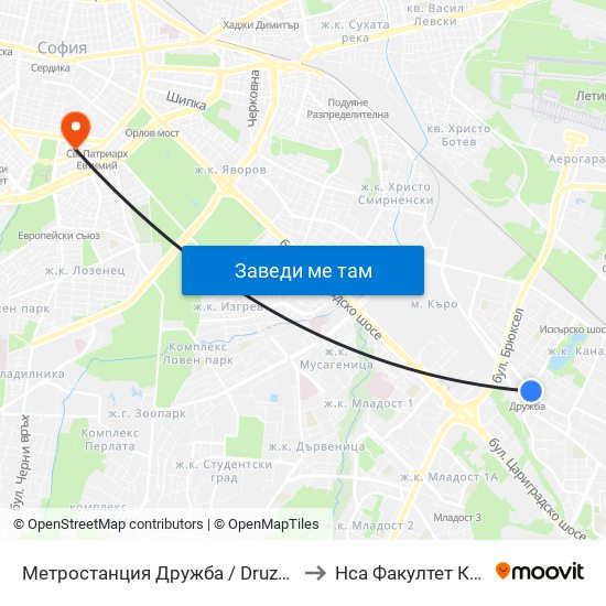 Метростанция Дружба / Druzhba Metro Station (0235) to Нса Факултет Кинезитерапия map
