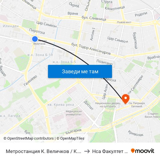 Метростанция К. Величков / K. Velichkov Metro Station (1051) to Нса Факултет Кинезитерапия map