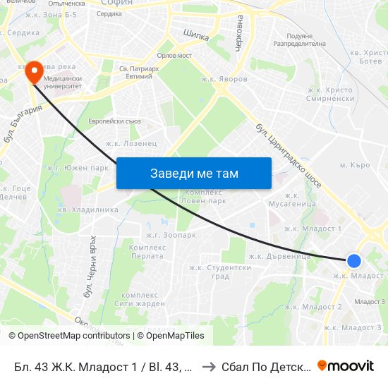 Бл. 43 Ж.К. Младост 1 / Bl. 43, Mladost 1 Qr. (0218) to Сбал По Детски Болести map