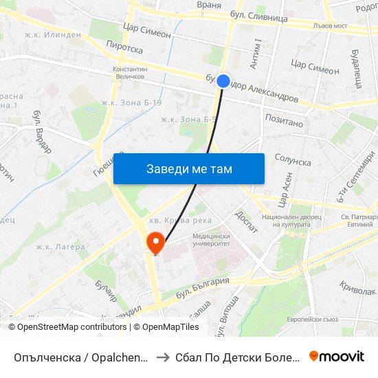 Опълченска / Opalchenska to Сбал По Детски Болести map