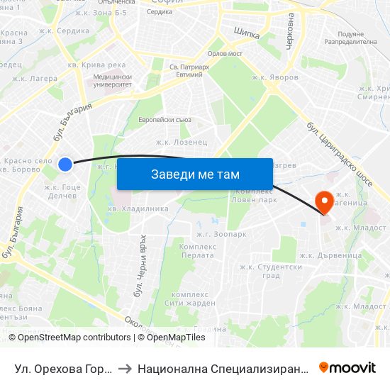 Ул. Орехова Гора / Orehova Gora St. (2089) to Национална Специализирана Болница За Активно Лечение По Онкология map