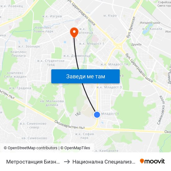 Метростанция Бизнес Парк / Business Park Metro Station (2490) to Национална Специализирана Болница За Активно Лечение По Онкология map