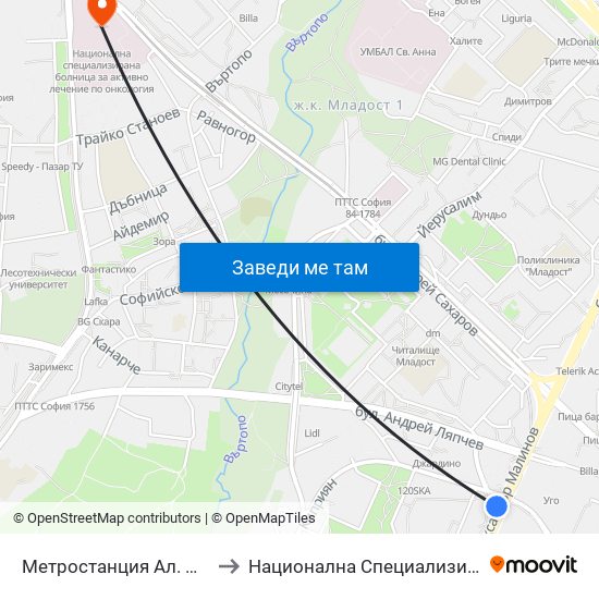 Метростанция Ал. Малинов / Al. Malinov Metro Station (0169) to Национална Специализирана Болница За Активно Лечение По Онкология map